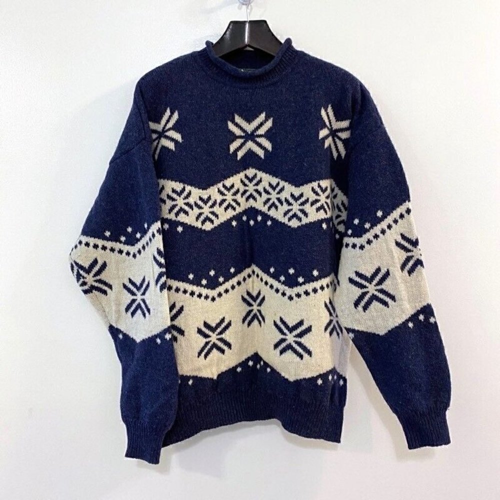 Roots Outdoors Men's Pullover Sweater Blue White Mock Neck Wool Long Sleeve L/XL